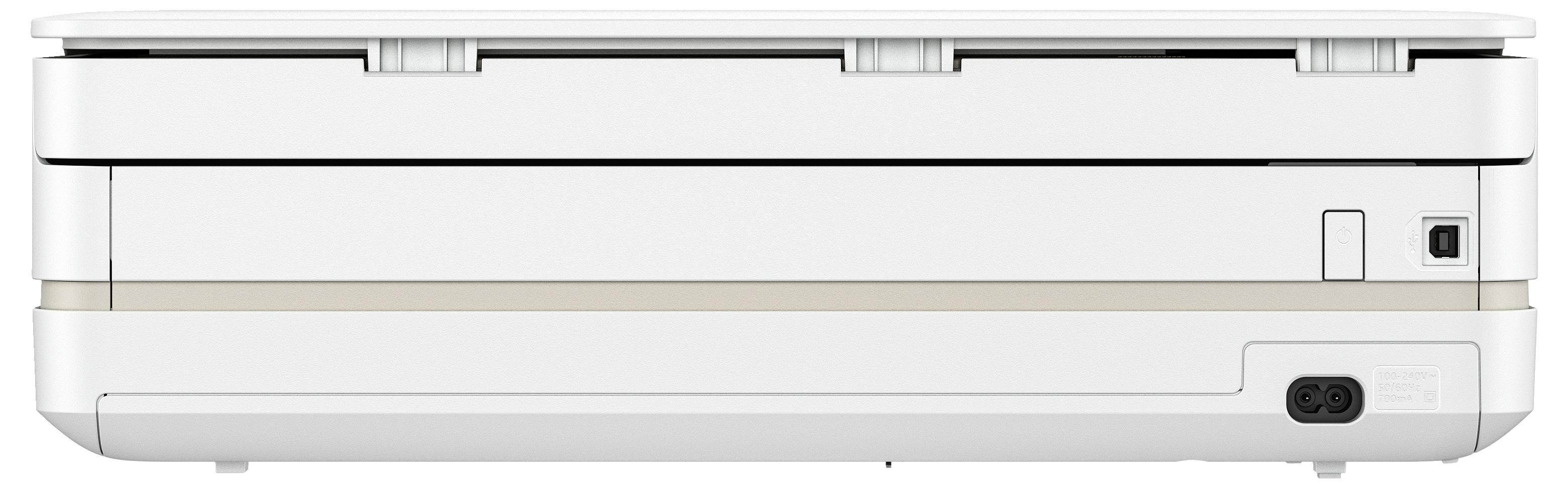 Ein weißer Drucker von der Seite, zeigt Anschlussstellen und Belüftung. Ideal für Büro- oder Heimgebrauch.