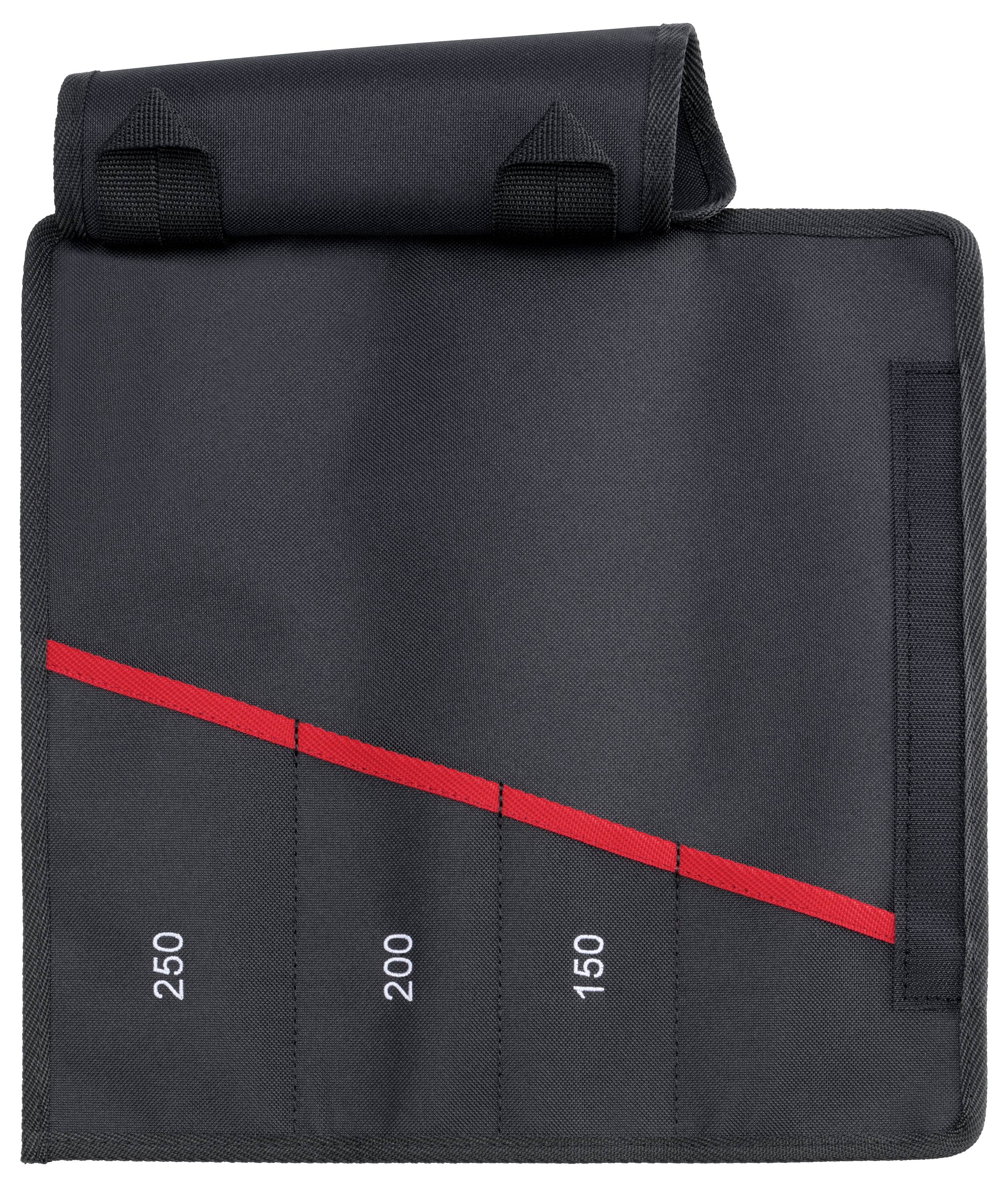 Schwarze Tasche mit rotem diagonalen Streifen und vertikalen Segmenten, nummeriert 250, 200, 150.