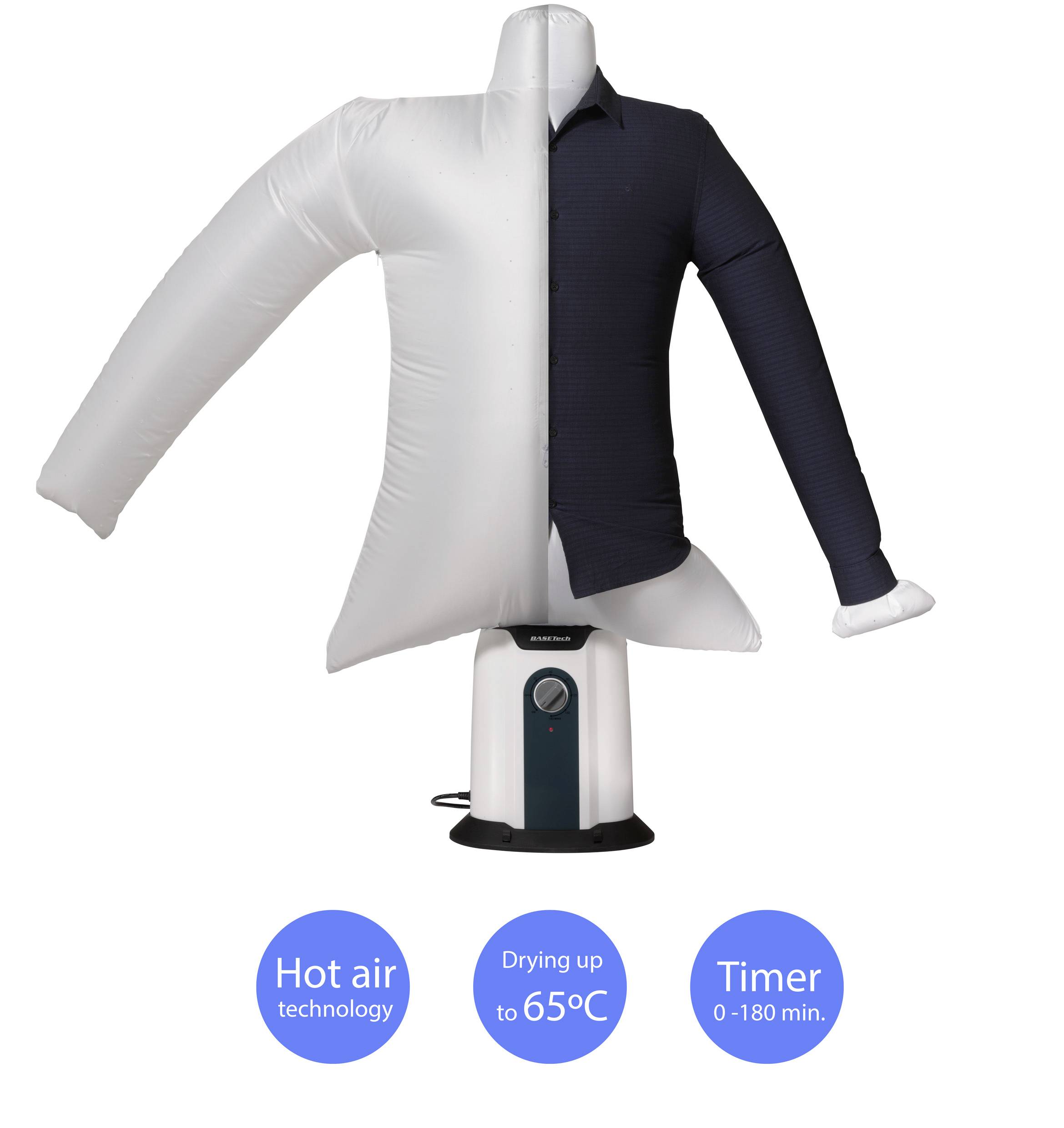 Ein Hemd wird mit einem Gerät getrocknet, das heiße Luft bis 65°C bläst. Darunter Symbole: Heißlufttechnologie, Trocknung bis 65°C, Timer 0-180 min.