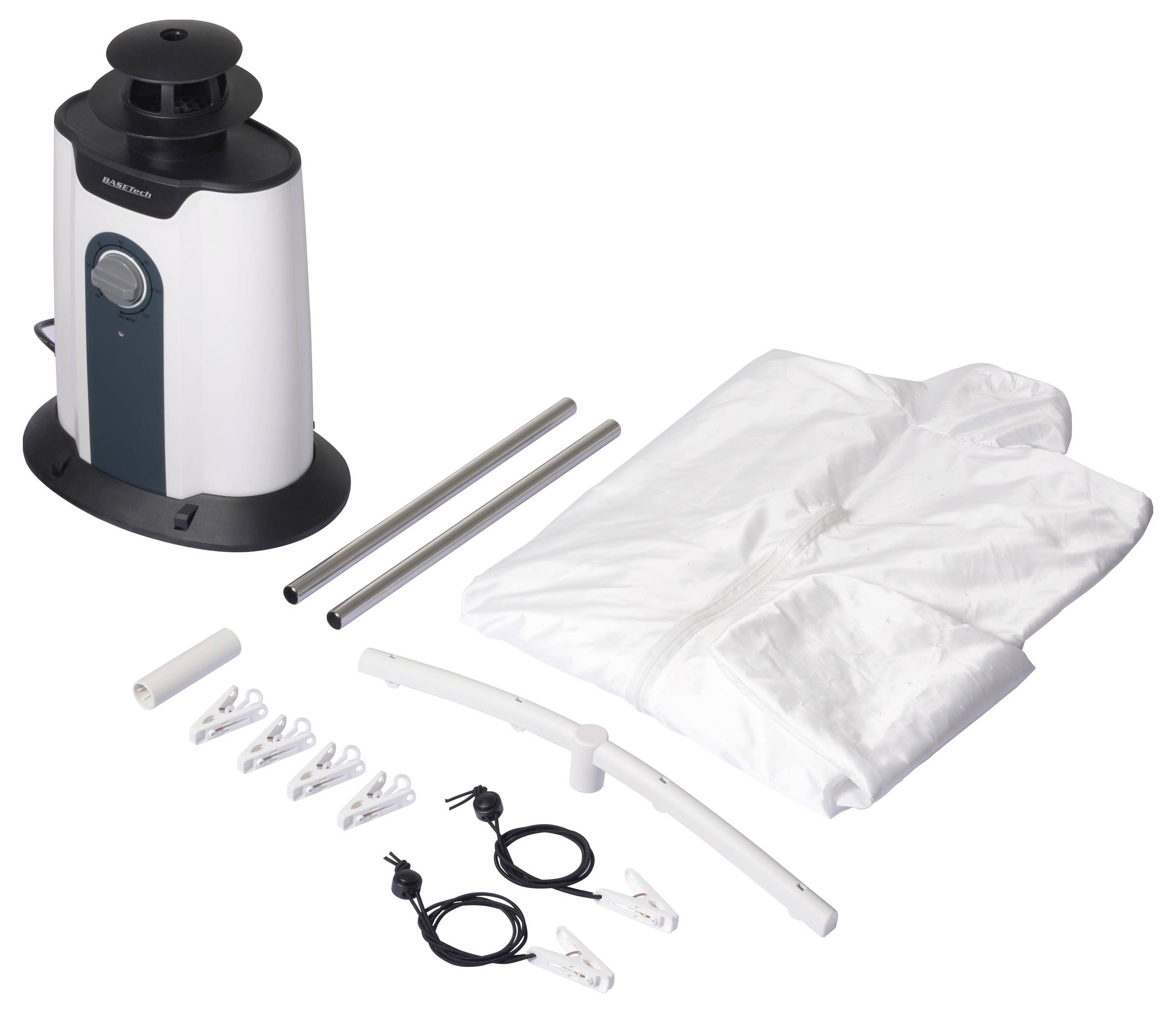 Bügelgerät und Zubehörset, bestehend aus zwei Stangen, weißem Hemd, Tragarm, Klammern und Kabel, auf weißem Hintergrund.