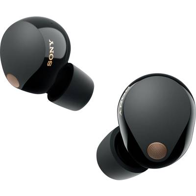 Schwarze kabellose In-Ear-Kopfhörer mit orangefarbenem Markenlogo und Mikrofon auf der Außenseite.