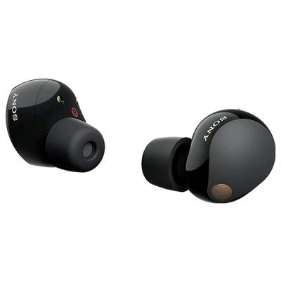 Kabellose schwarze Ohrhörer mit Sony-Logo, einem kleinen Mikrofon und ergonomischer Passform. Ideal für mobilen Musikgenuss.
