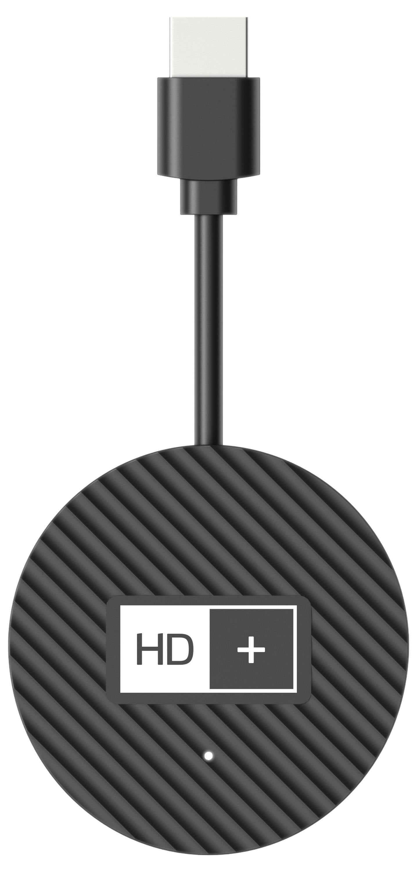 Rundes, schwarzes USB-C-Ladegerät mit aufgedrucktem 'HD+'-Logo und geriffelter Oberfläche.