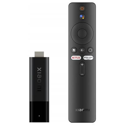 Ein schwarzer Streaming-Stick und Fernbedienung mit Buttons für 'Netflix' und 'Prime Video'. Geeignet für Smart-TV-Nutzung.