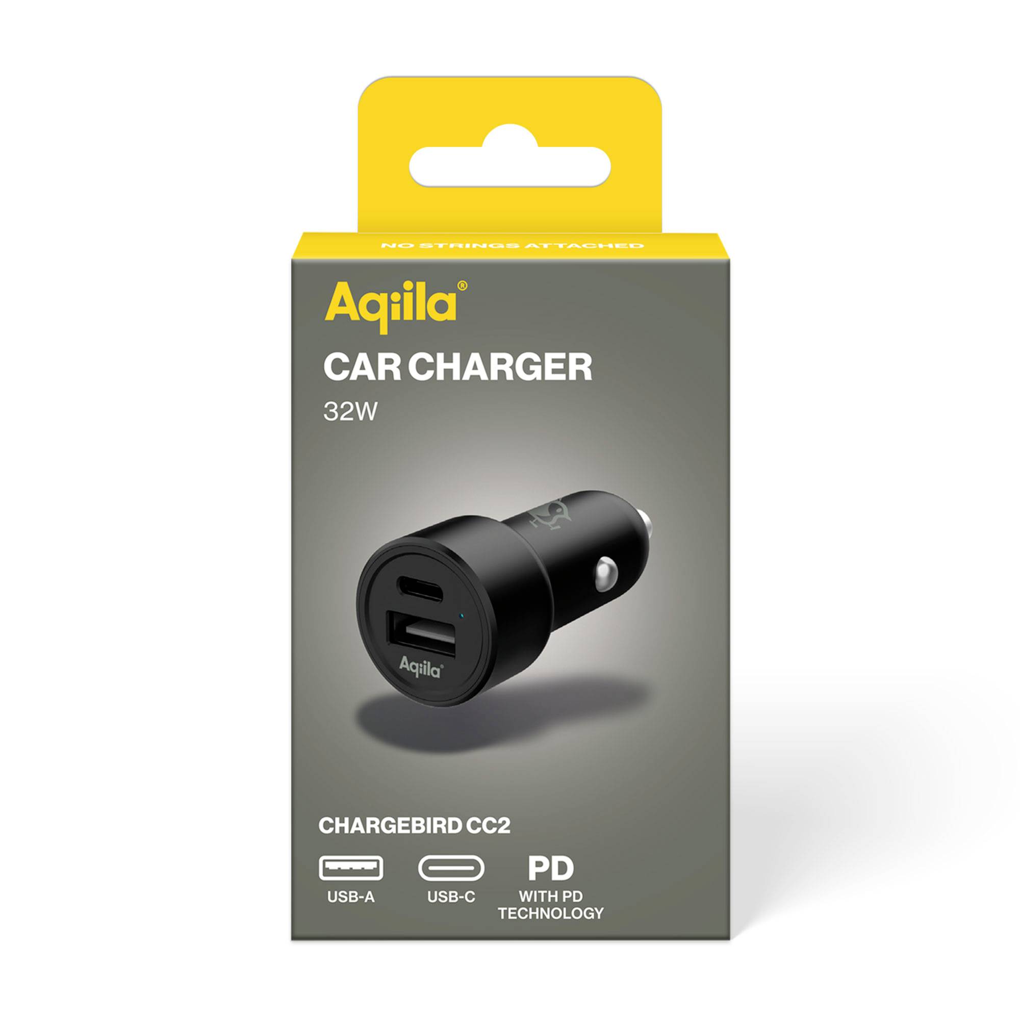 Ein schwarzes Autobatterieladegerät der Marke Aquila, Modell Chargebird CC2, mit 32W Leistung, USB-A und USB-C Anschlüssen, abgebildet auf der Verpackung.
