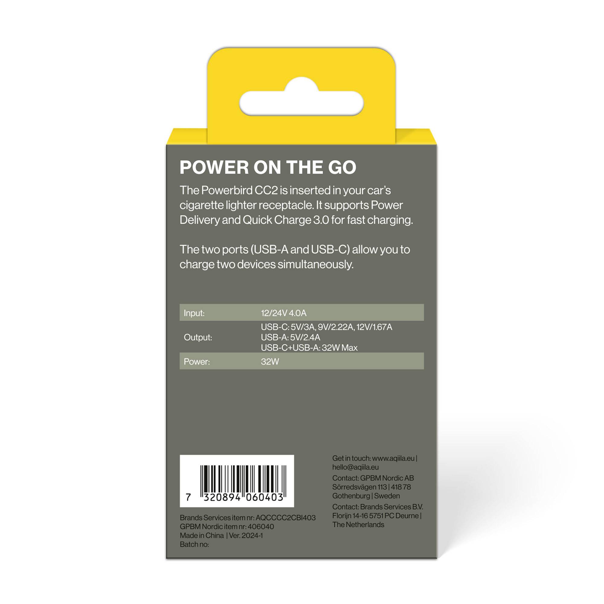 'Powerbird QC3' Ladegerätverpackung mit Spezifikationen: Eingang 12-24V, Ausgang 5V/3A, 9V/2A, 12V/1.5A, Gesamtleistung 32W.