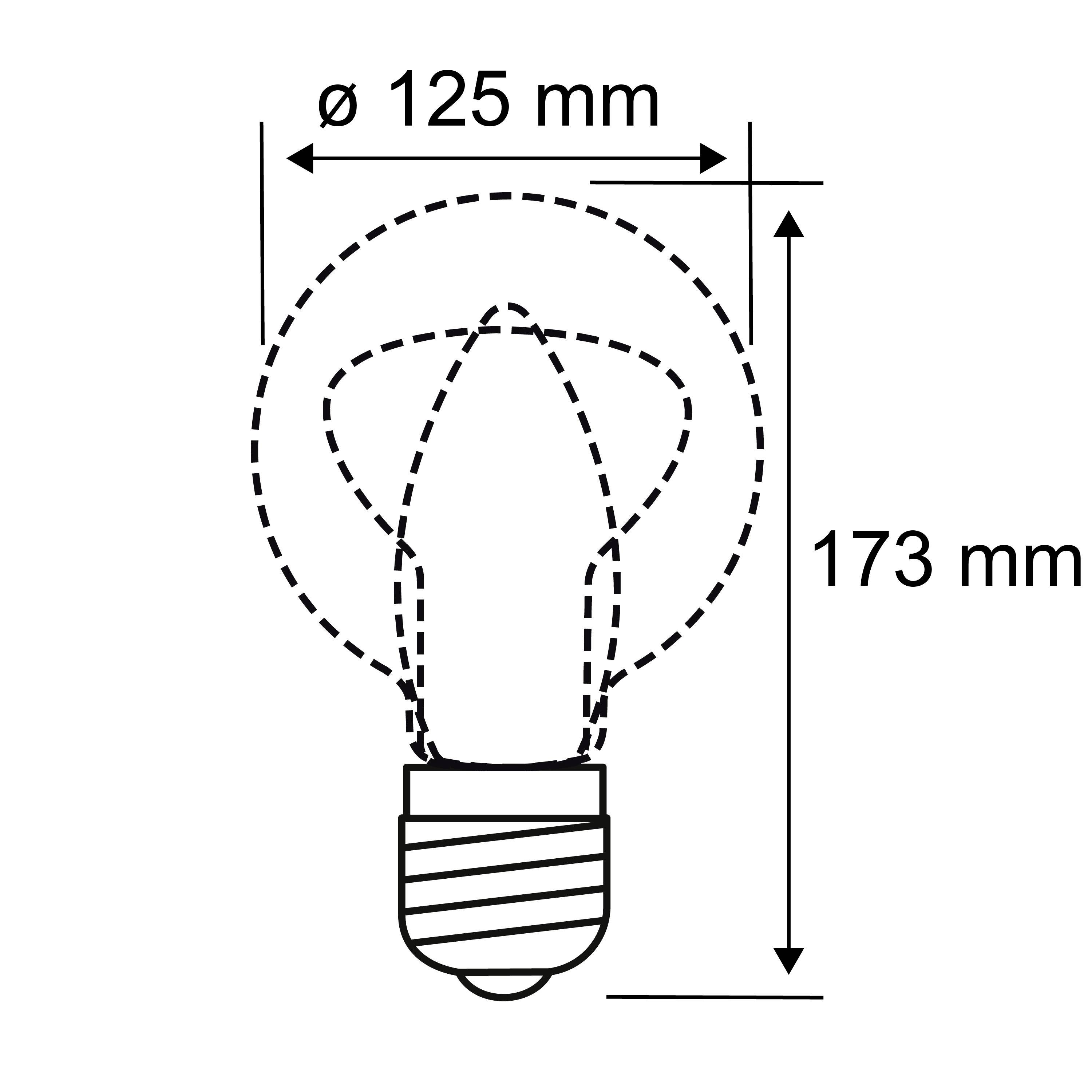Glühbirnenskizze mit Maßen: Durchmesser 125 mm, Höhe 173 mm. Die Form ist rund mit Standard-Befestigung unten.
