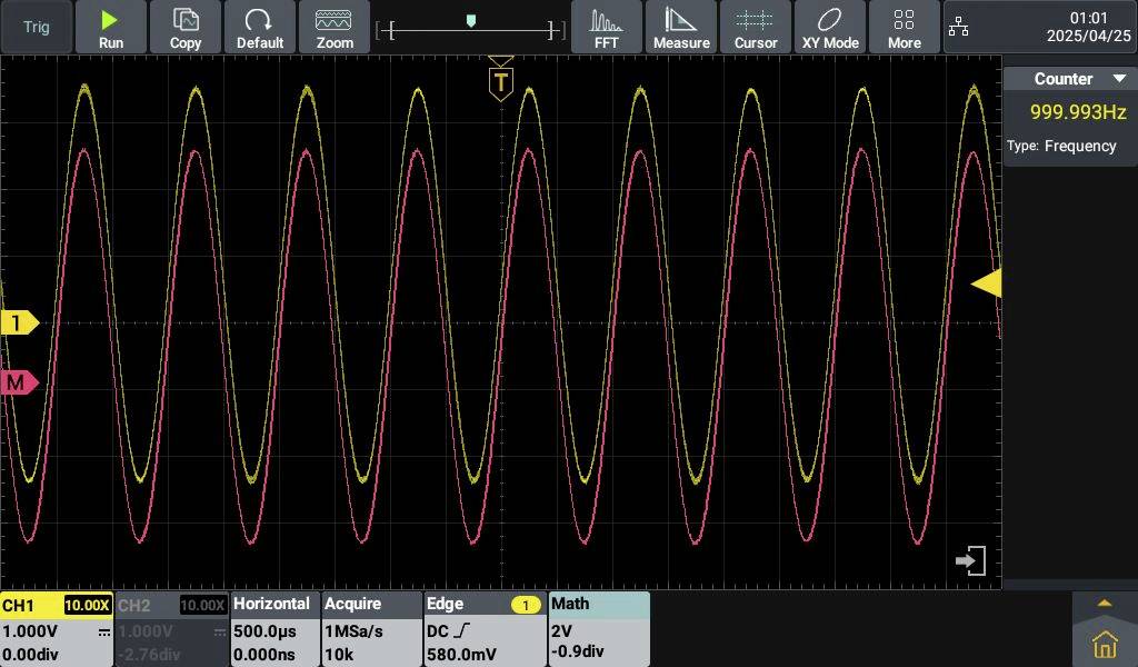 Oszilloskopanzeige zeigt eine Wellenform mit 999,993 Hz Frequenz. Gelbe und rote Kurven verlaufen parallel. Text: '10,00 kHz'.