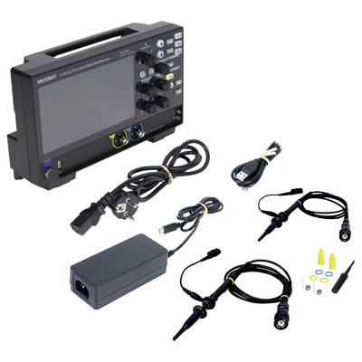 Ein digitales Oszilloskop mit Zubehör: Signalkabel, Stromadapter, Sonden und Zubehörteile zur Signalüberprüfung und Analyse.