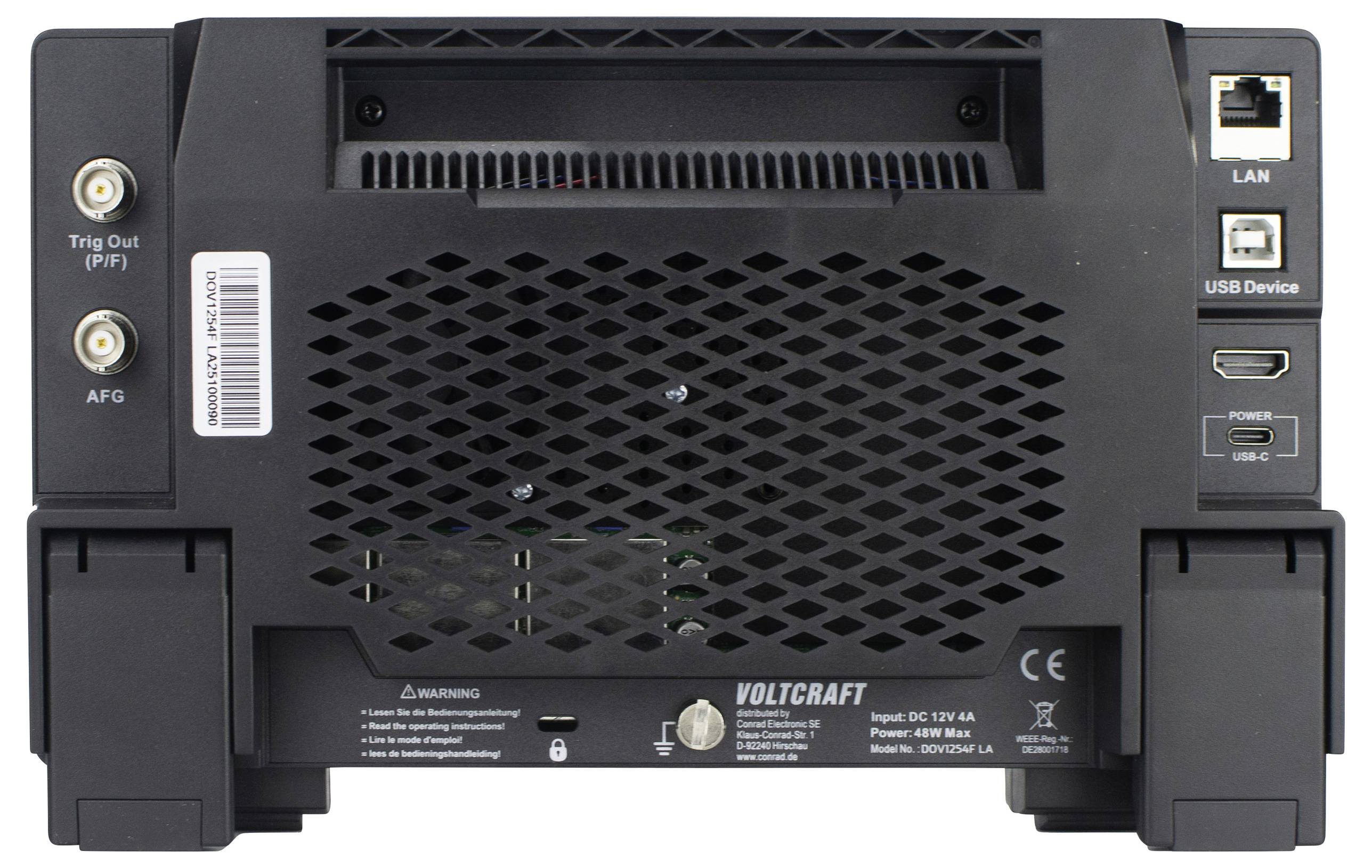 Rückansicht eines Voltcraft-Geräts mit Anschlüssen für LAN, USB, Trigger Out, AFG und Netzkabel. Lüftungsgitter ist zentral platziert.