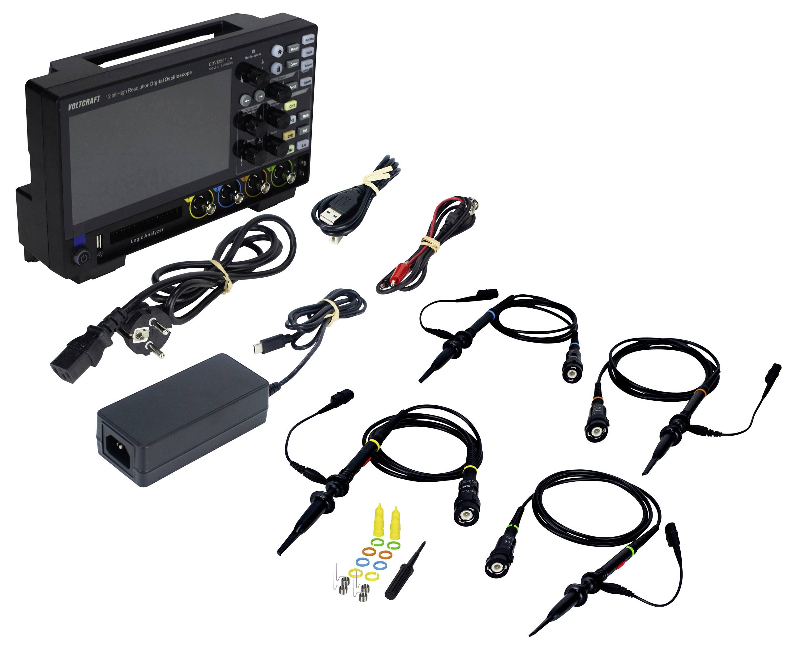 Oszilloskop mit Kabeln und Zubehör, inklusive Messsonden, Netzteil und Verbindungskabeln. Ideal für elektronische Messungen und Tests.