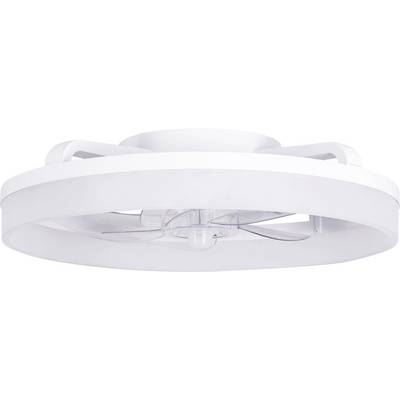 Ein weißer, runder Deckenventilator mit einem minimalistischen Design und transparenten Rotorblättern. Ideal für moderne Innenräume.