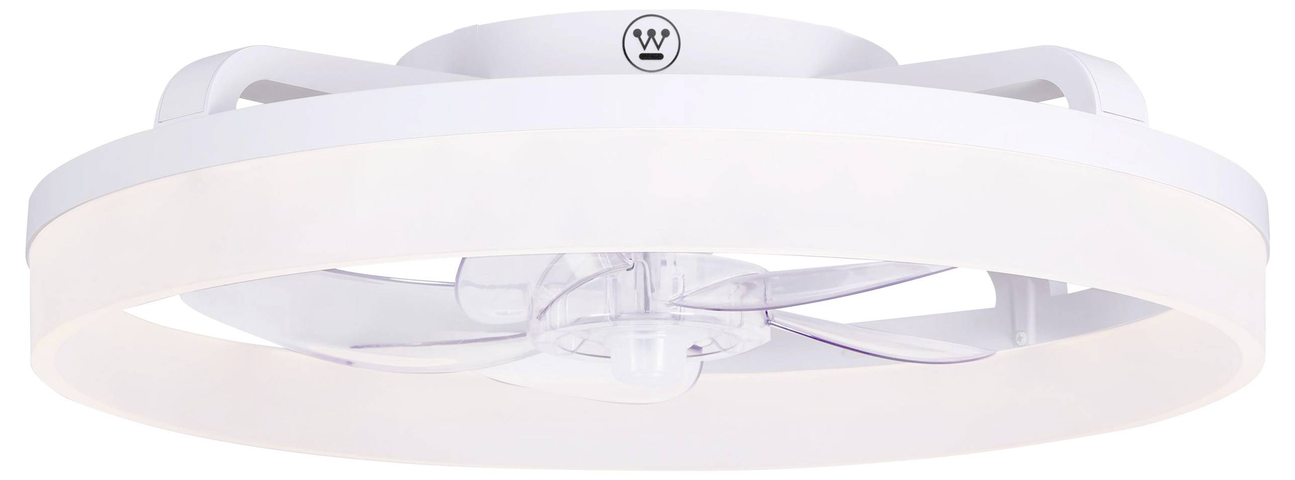 Ein weißer, moderner Deckenventilator mit integriertem LED-Licht. Er hat ein rundes Design mit transparenten Flügeln.
