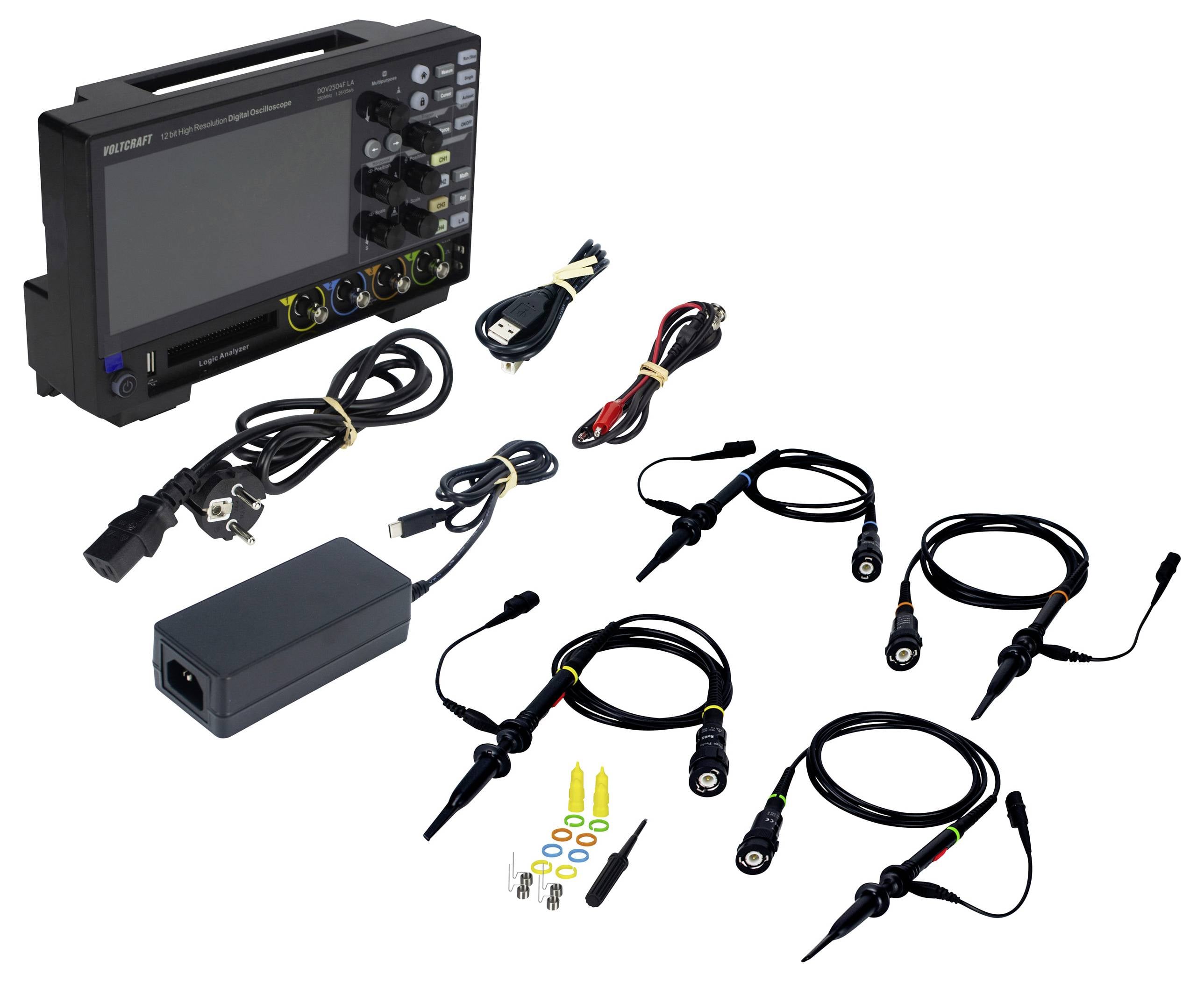 Oszilloskop-Set mit Hauptgerät, Verbindungskabeln, Sonden und Zubehör. Entworfen für elektronische Messungen und Analysen.