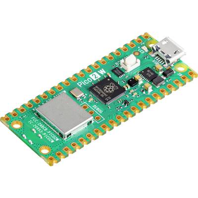 Ein Raspberry Pi Pico W Mikrocontroller mit grüner Platine, USB-Anschluss und verschiedenen Chips.