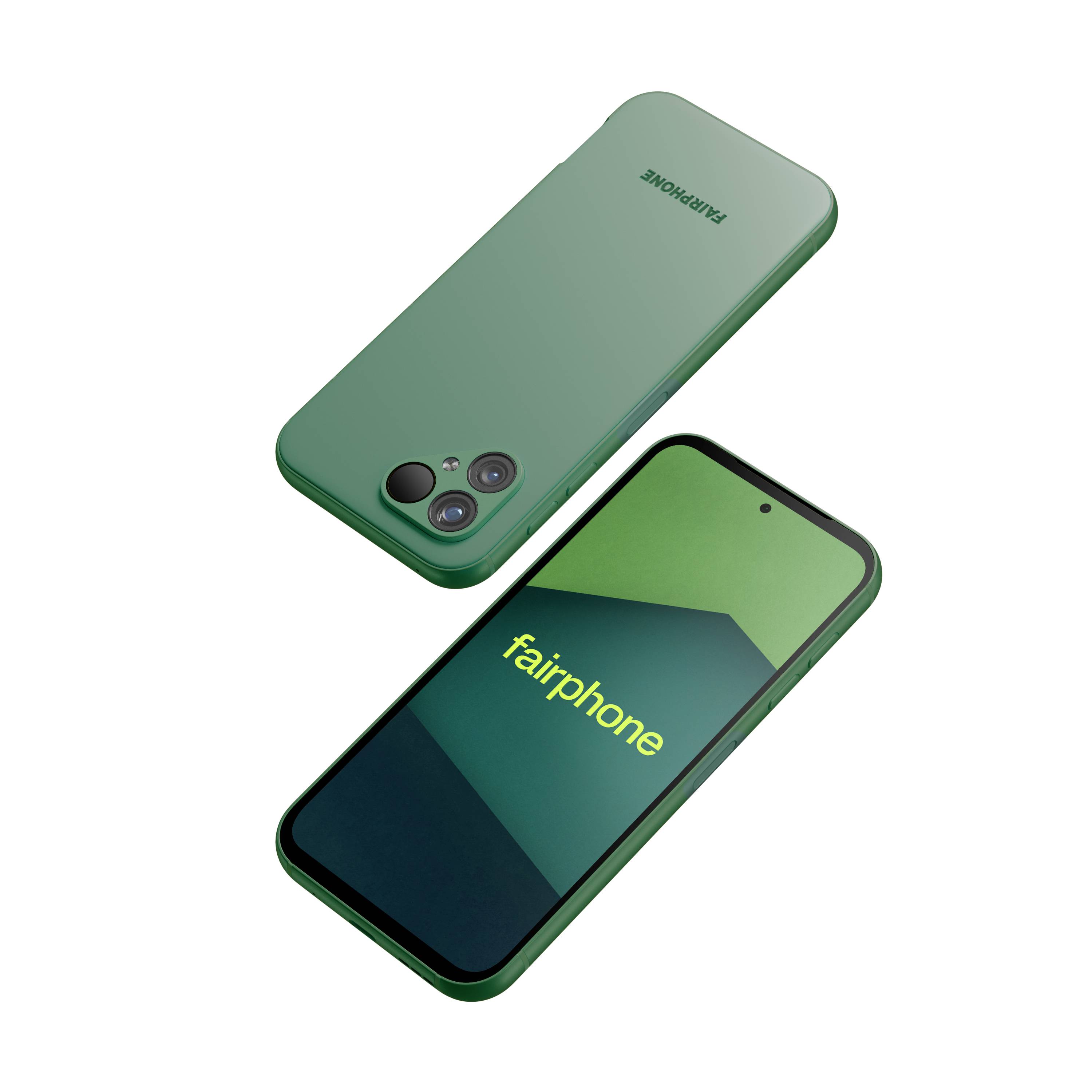 Ein grünes Smartphone mit dualen Rückkameras und einem Display, auf dem der Text "Fairphone" zu sehen ist, dargestellt von Rück- und Vorderseite.