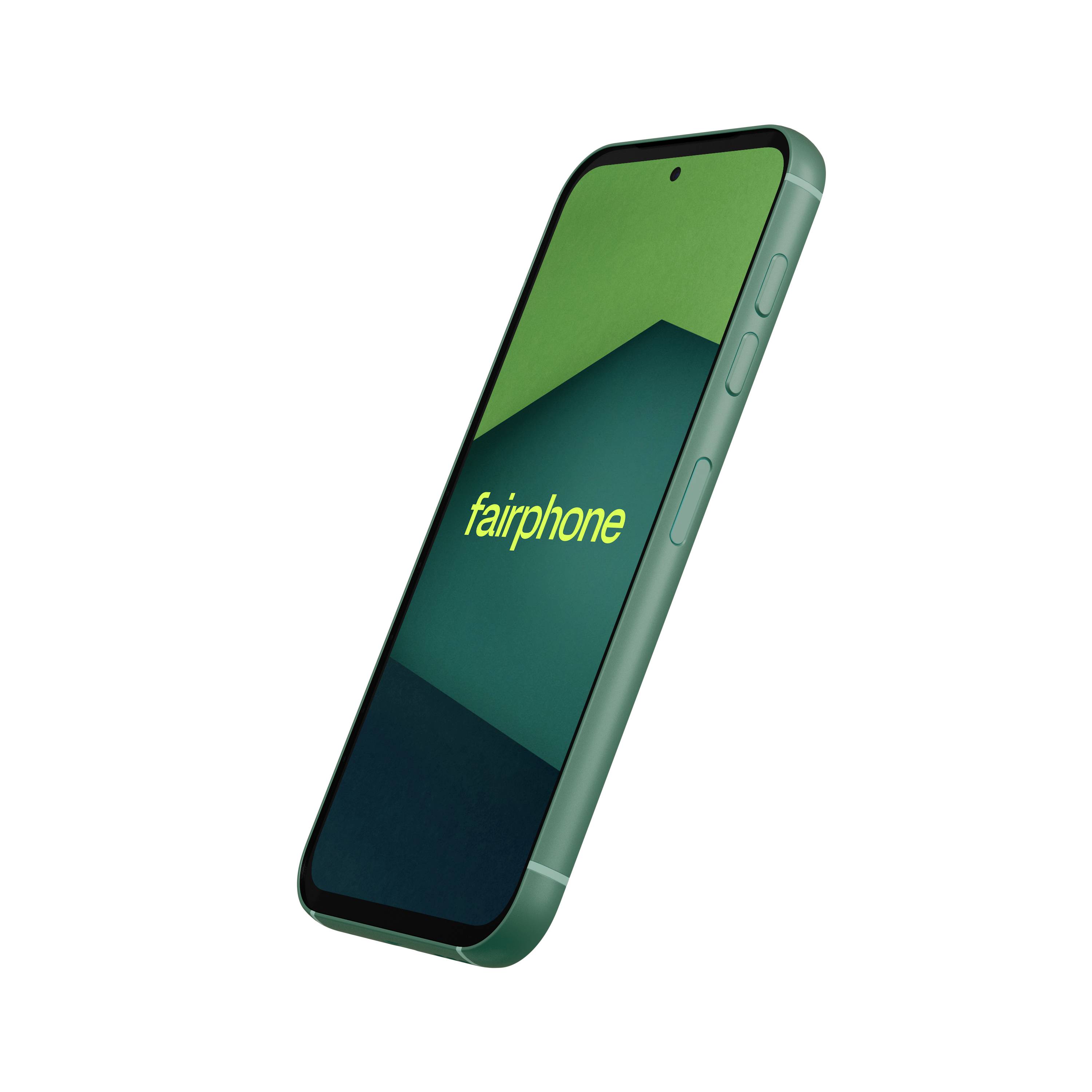 Ein grünes Smartphone mit der Aufschrift "Fairphone" auf dem Bildschirm, von der Seite geneigt, um die Seitenknöpfe und das schlanke Design zu zeigen.