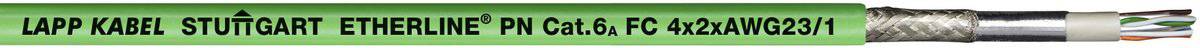 Grünes Kabel mit schwarzem Text 'Lapp Kabel Stuttgart ETHERLINE PN CAT.5e FC'. Links das Logo eines Kabelherstellers.