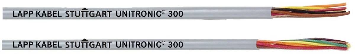 Zwei graue Kabel mit der Beschriftung 'LAPP KABEL STUTTGART UNITRONIC® 300', sichtbar sind zahlreiche farbige Innenleiter.