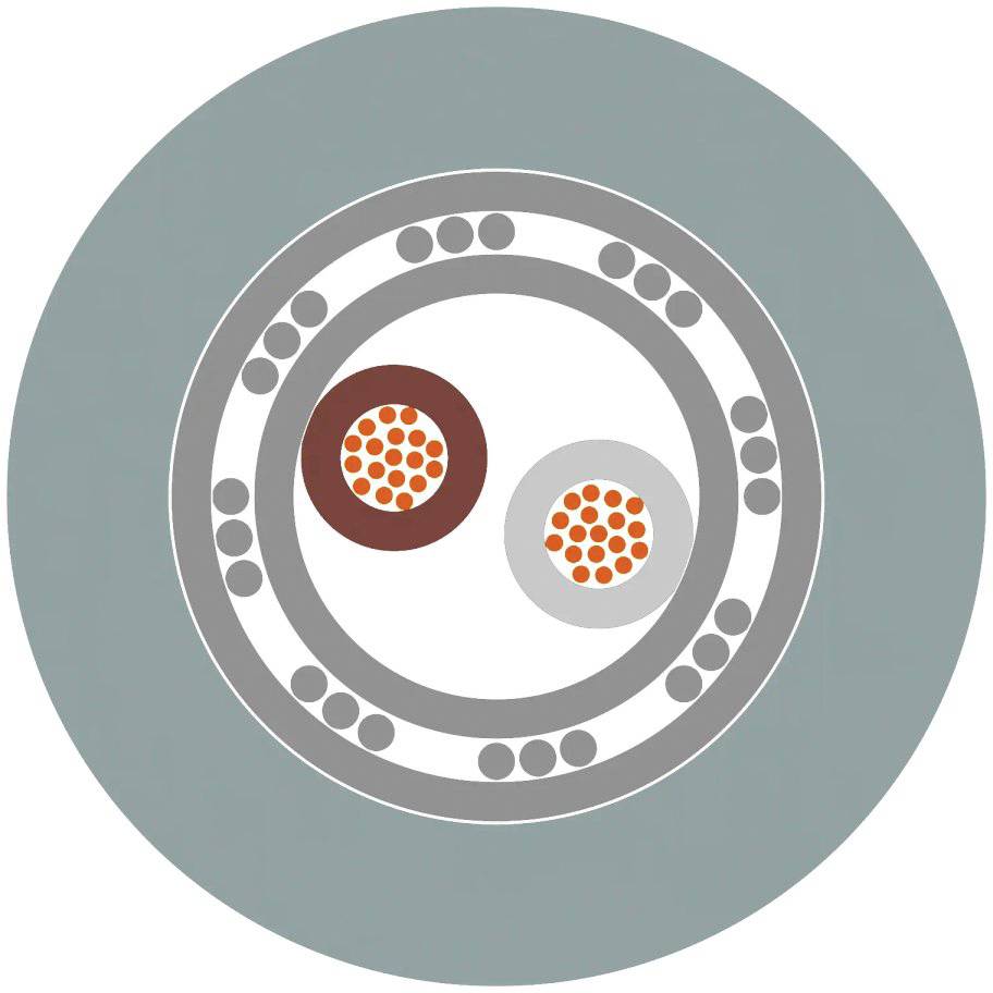 Eine schematische Darstellung eines Koaxialkabels mit zwei Leitern, umgeben von mehreren Isolier- und Schutzschichten in unterschiedlichen Farben.