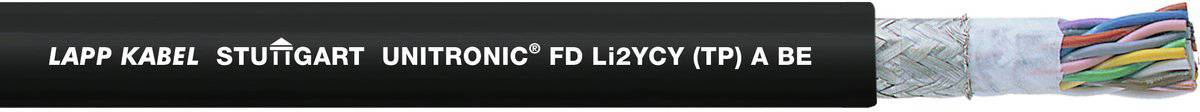 Schwarzes Kabel mit Text 'LAPP KABEL STUTTGART UNITRONIC FD LI2YCY (TP) A BE'. Verschiedene farbige Drähte sind am Ende sichtbar.
