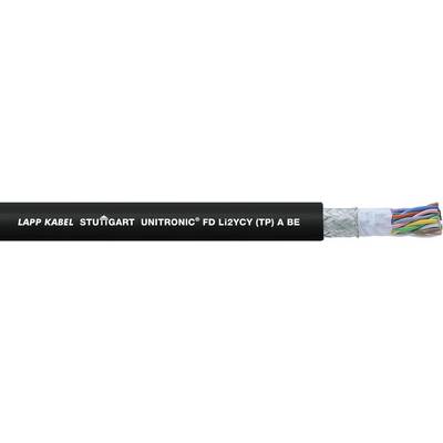 Schwarzes Kabel mit Text 'LAPP KABEL STUTTGART UNITRONIC FD LI2YCY (TP) A BE'. Verschiedene farbige Drähte sind am Ende sichtbar.