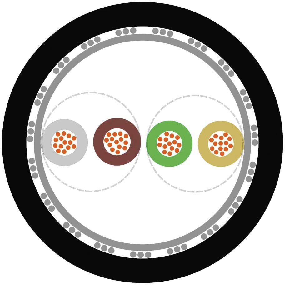 Illustration eines strukturierten Kabels mit vier Farbkernen, die rote Punkte enthalten. Jeder Kern ist von einem grauen Band umkreist.