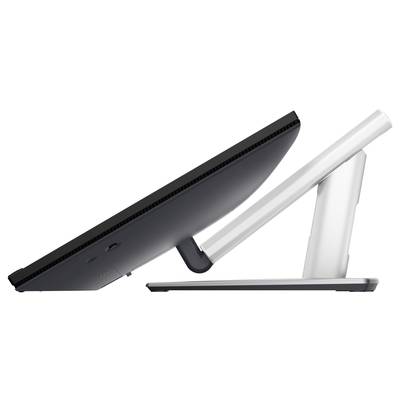 Ein schlanker, schwenkbarer Computerbildschirm in seitlicher Ansicht, mit einem modernen weißen Ständer, der Neigbarkeit zeigt.