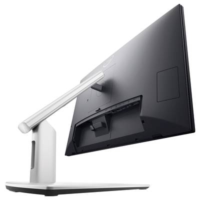 Ein schwarzer Computermonitor mit grauem Ständer, von hinten gezeigt. Der Bildschirm ist leicht nach rechts gedreht.