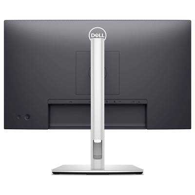 Rückansicht eines Dell Computerbildschirms mit silbernem Standfuß. Oben auf dem Bildschirm ist das Dell-Logo sichtbar.
