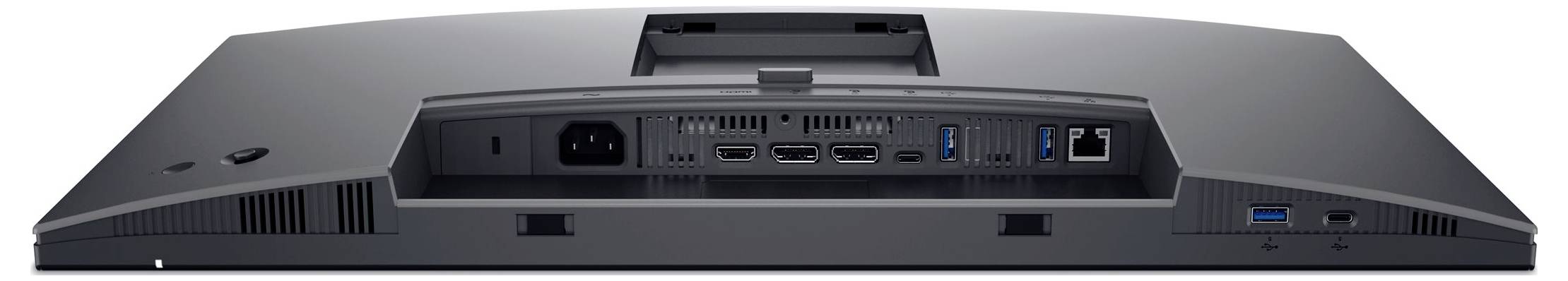 Rückansicht eines Monitors mit verschiedenen Anschlüssen: Stromanschluss, HDMI, DisplayPort, USB- und Ethernet-Anschlüsse.