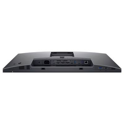 Rückansicht eines Monitors mit verschiedenen Anschlüssen: Stromanschluss, HDMI, DisplayPort, USB- und Ethernet-Anschlüsse.