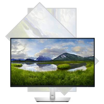 Ein Flachbildschirm-Monitor zeigt eine Landschaft mit Bergen, Wolken und einem See. Der Monitor ist in verschiedenen Positionen dargestellt.