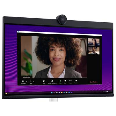 Videokonferenz auf einem Bildschirm mit drei Personen, Hauptperson im Vordergrund lächelnd. Optionen zur Steuerung der Sitzung sichtbar.