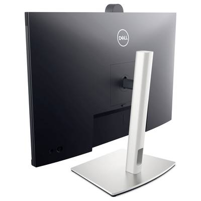 Ein moderner schwarzer Computerbildschirm von Dell mit einem silbernen Ständer, rückseitige Ansicht.