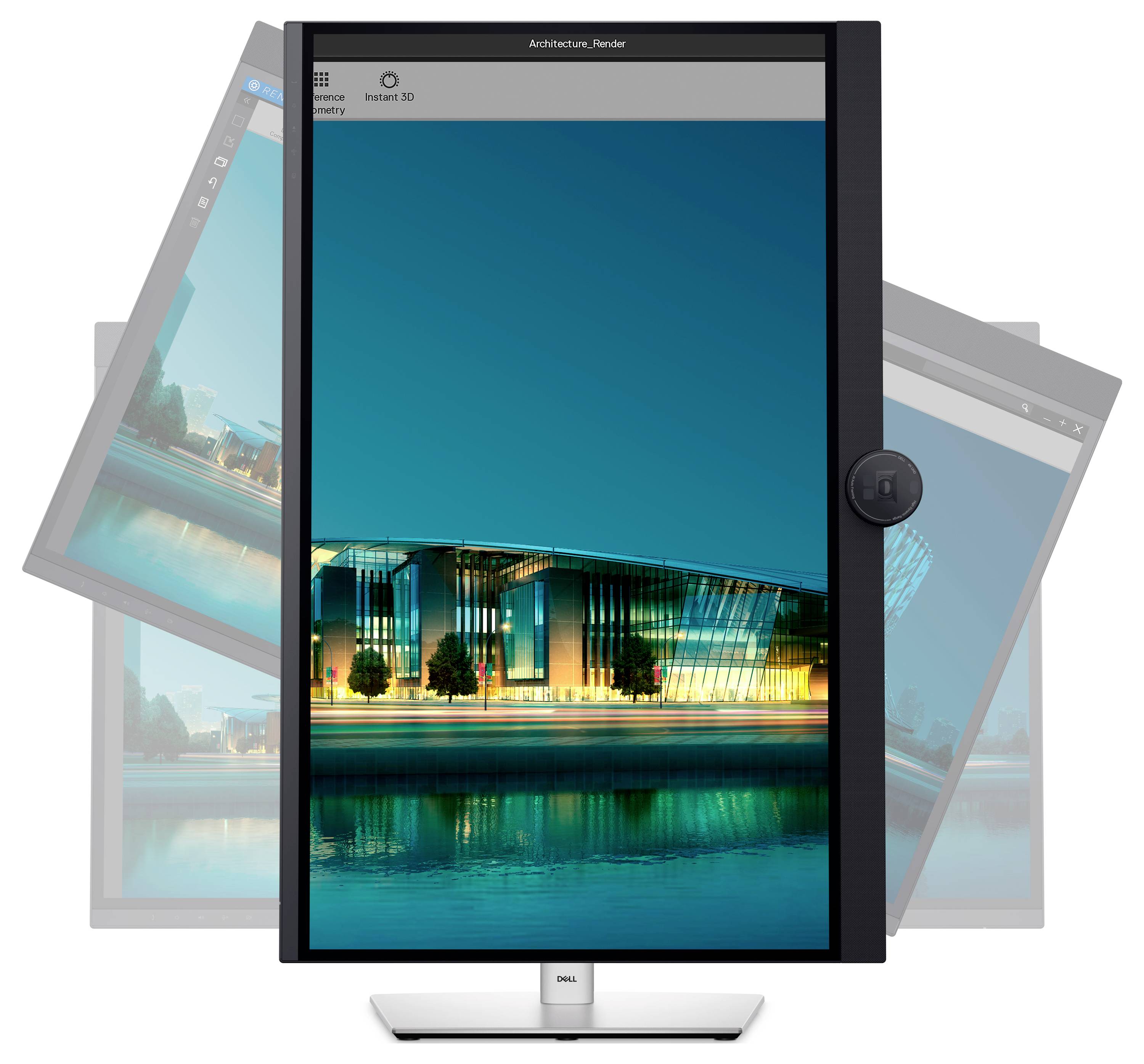 Ein Bildschirm zeigt ein modernes Gebäude am Wasser bei Nacht. Das Bild betont die hohe Auflösung und Farbgenauigkeit des Monitors.