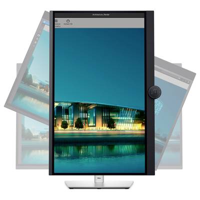 Ein Bildschirm zeigt ein modernes Gebäude am Wasser bei Nacht. Das Bild betont die hohe Auflösung und Farbgenauigkeit des Monitors.