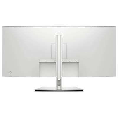 Rückansicht eines weißen Monitors auf einem Standfuß, mit erkennbaren Anschlüssen und schlankem Design.