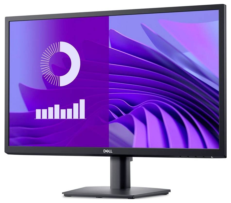 Ein Dell-Monitor mit lila Grafiken und Symbolen auf dem Bildschirm zeigt Datenvisualisierung und modernes Design.