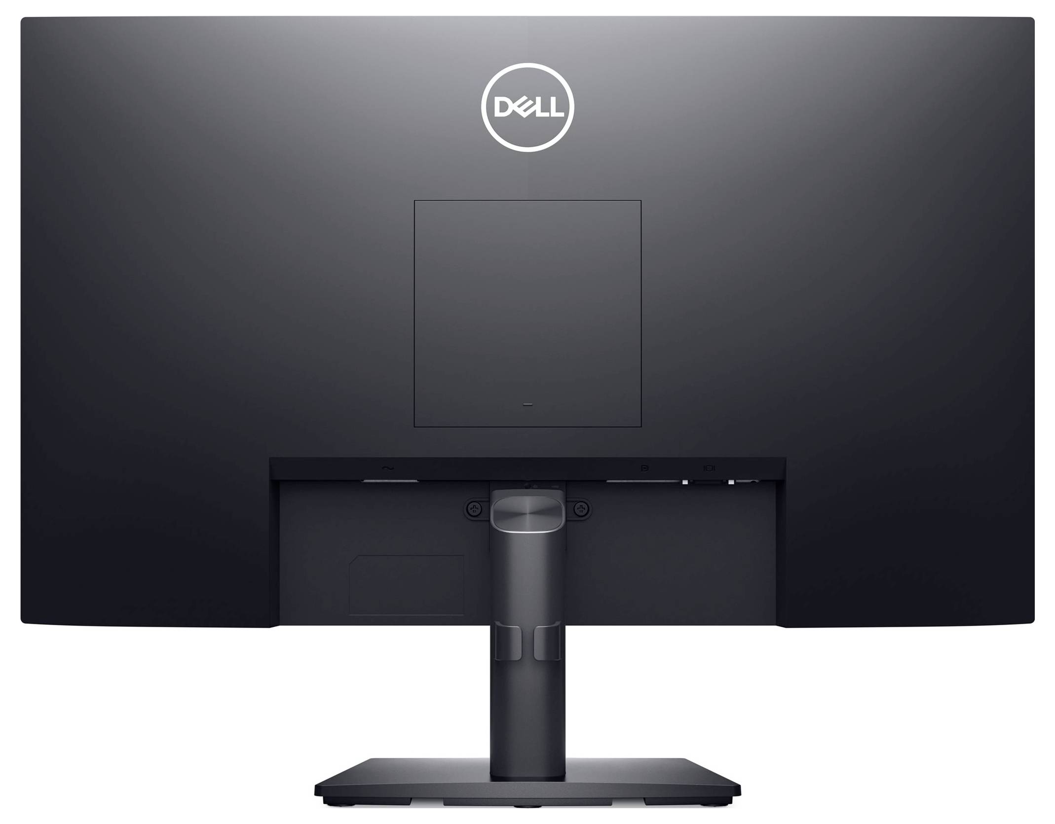 Rückansicht eines Dell-Monitors auf schwarzem Hintergrund, zeigt den Standfuß und die Halterung.