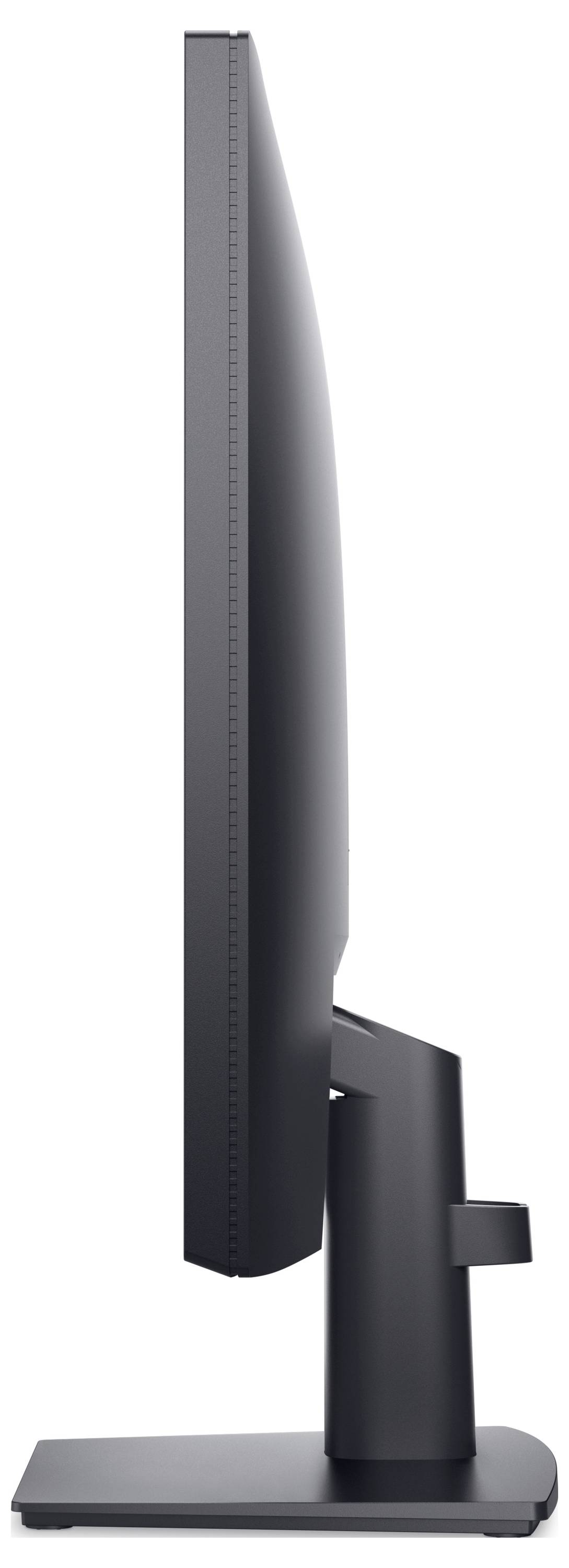 Seitenansicht eines schwarzen Computerbildschirms auf einem Tischständer. Das schlanke Design hebt die geringe Breite hervor.
