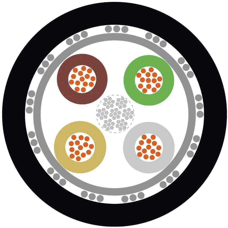 Ein Querschnitt eines Kabels mit fünf unterschiedlich gefärbten Leitern, die von einem äußeren schwarzen Mantel umgeben sind.