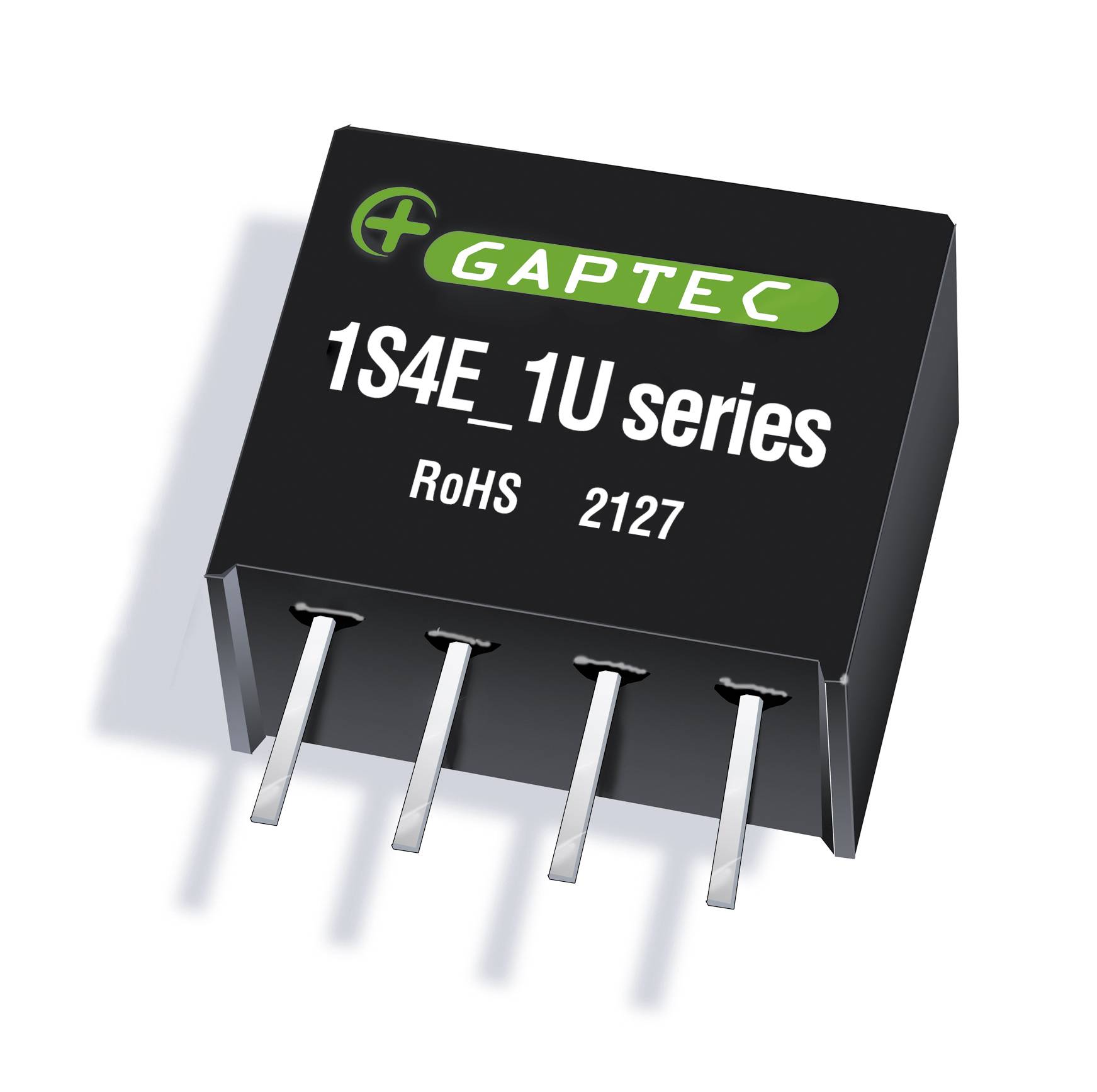 Ein schwarzes Elektronikbauteil mit der Aufschrift 'GAPTEC 1S4E_1U series RoHS 2127' und vier silbernen Anschlüssen unten.