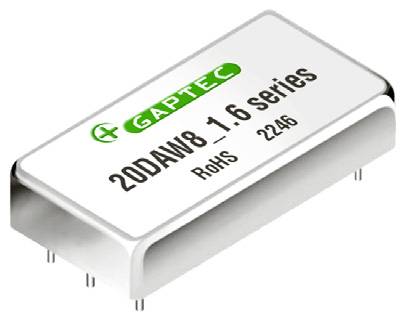 Ein rechteckiges Elektronikbauteil mit der Aufschrift 'GAPTEC 20DAW8_1.6 series RoHS 2246', zeigt sechs Pins an der Unterseite.