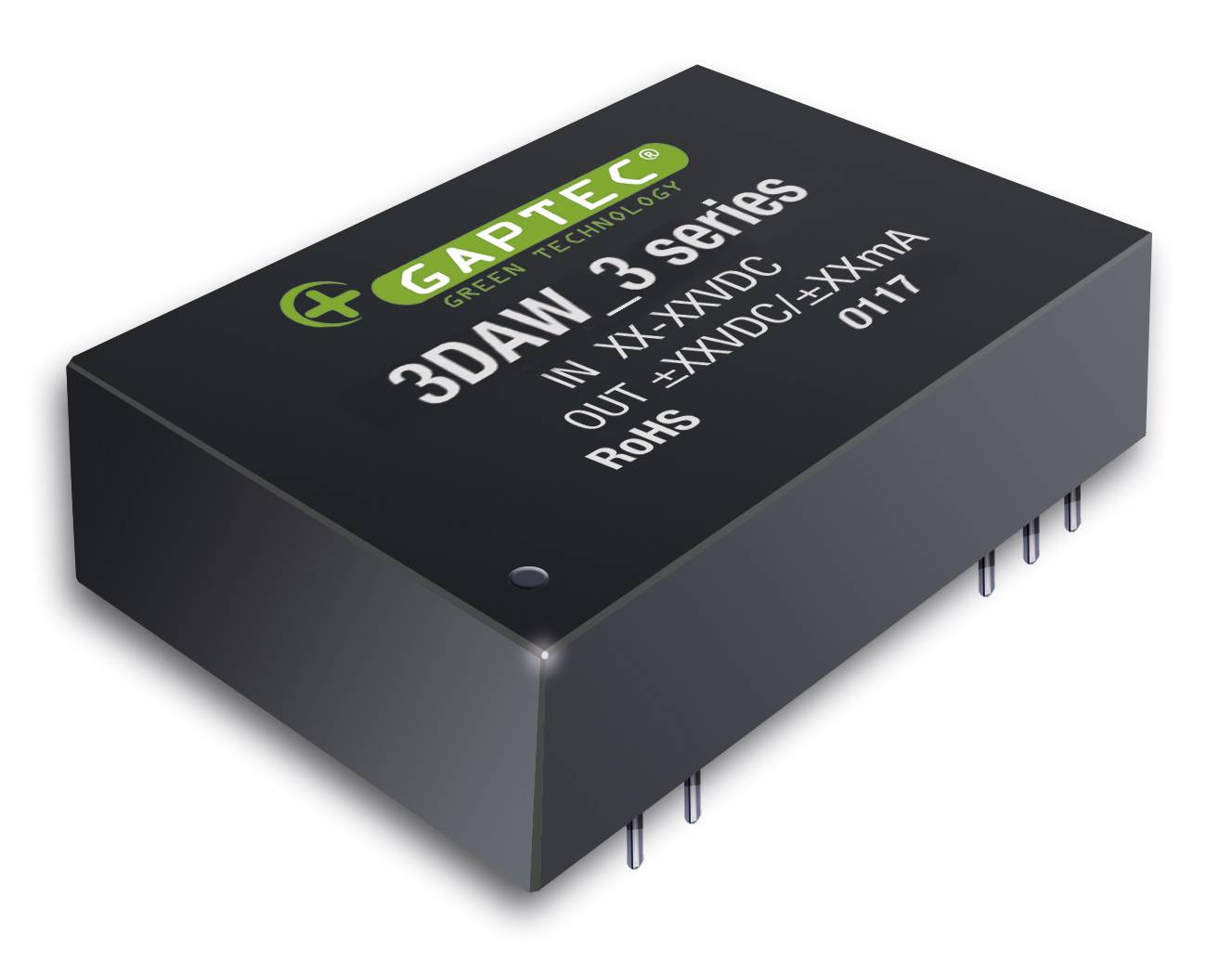 Ein schwarzer elektronischer Konverter der Serie 3DAW 3 von GAPTEC. Beschriftet mit Spezifikationen und Zertifizierungen wie RoHS.