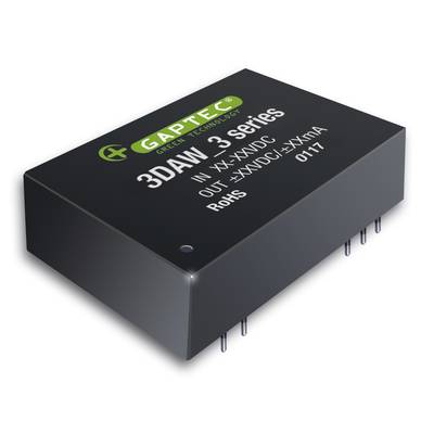 Ein schwarzer elektronischer Konverter der Serie 3DAW 3 von GAPTEC. Beschriftet mit Spezifikationen und Zertifizierungen wie RoHS.