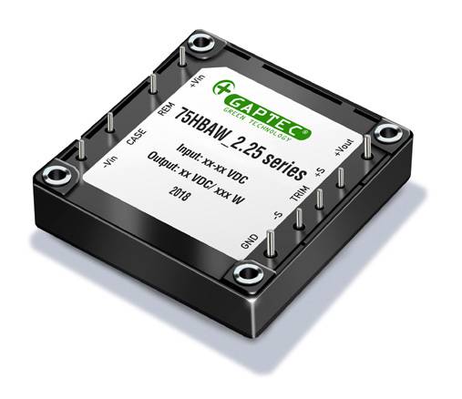 Ein schwarzer elektronischer Konverter mit der Aufschrift 'GAPTEC 75HBAW 2.25 series'. Angaben zu Eingang, Ausgang und Jahr 2018.