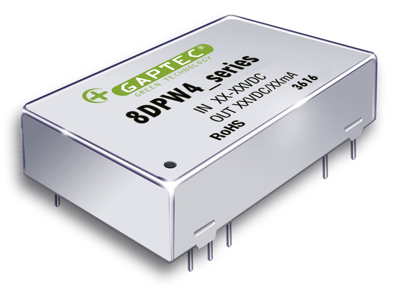 Elektronisches Bauteil, gekennzeichnet mit 'GAPTEC Green Technology' und '8DPW4 series'. Ein- und Ausgangsspannungsangaben inklusive RoHS-Zertifizierung.