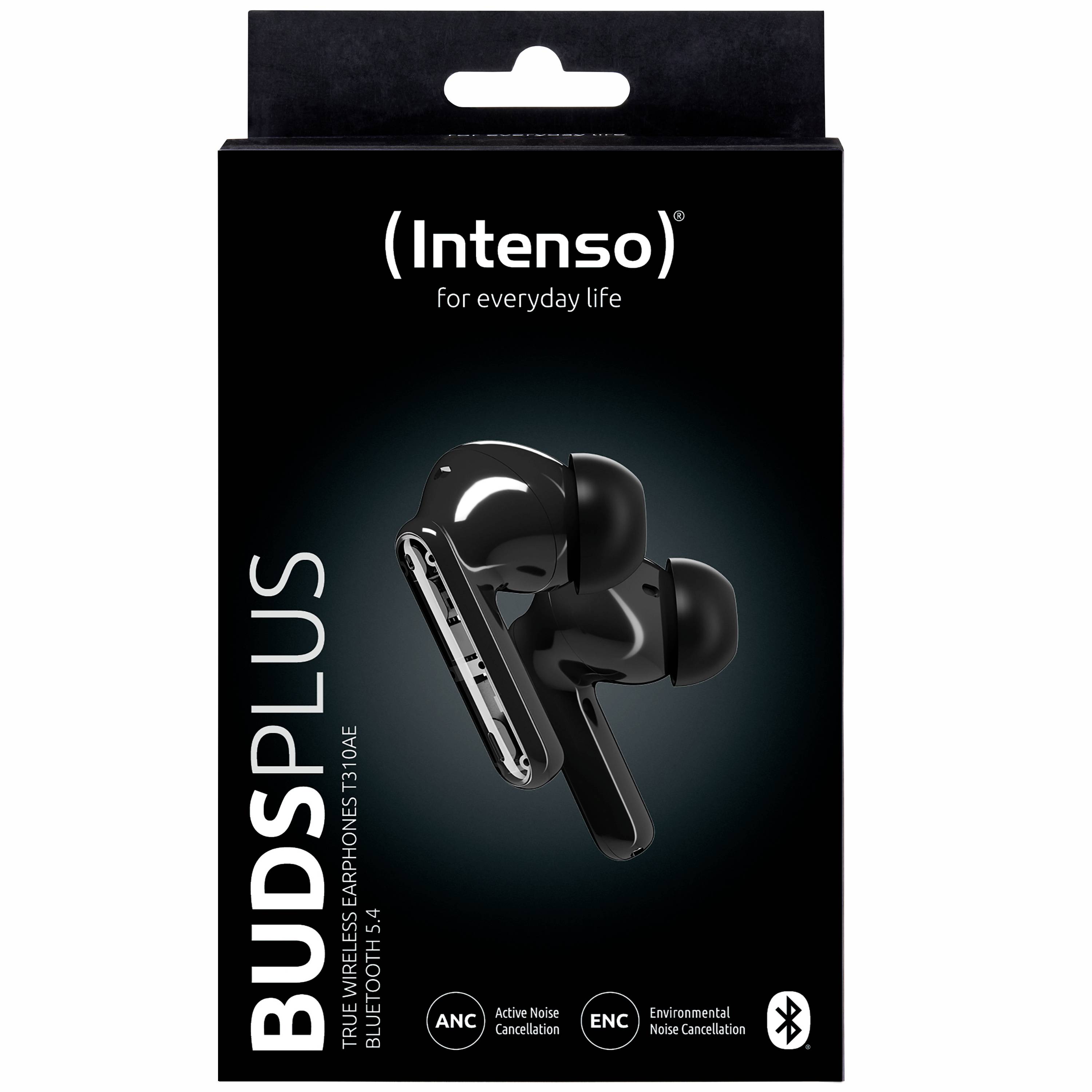Schwarze True Wireless Kopfhörer auf schwarzem Karton abgebildet. Marke 'Intenso', Modell 'Buds Plus', mit Funktionen wie ANC und Umgebungsgeräuschunterdrückung.