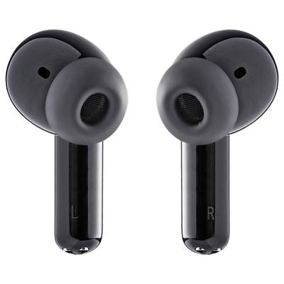 Schwarze kabellose In-Ear-Kopfhörer mit L- und R-Markierung zur Unterscheidung der linken und rechten Ohrhörer.